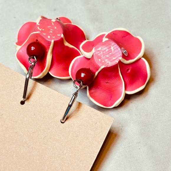 Rose & Bead Large Dangle Earrings Vintage Polymer Clay - Picture 7 of 13